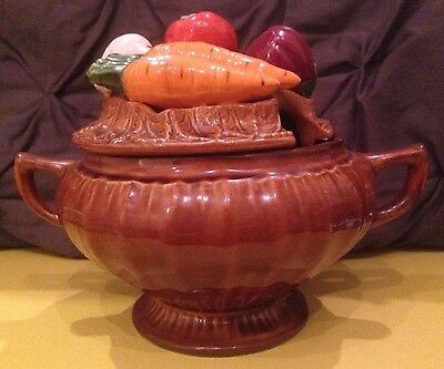 Vintage California(?) Pottery Brown Soup Tureen with Vegetables on Lid