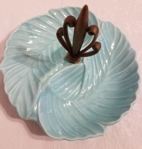 Ball-JAE California Pottery mid century Tray Candy Dish Turquoise teal w handle