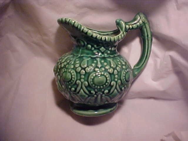 VINTAGE CAMARK ART POTTERY HANDLED PITCHER EWER GLOSSY GREEN original label