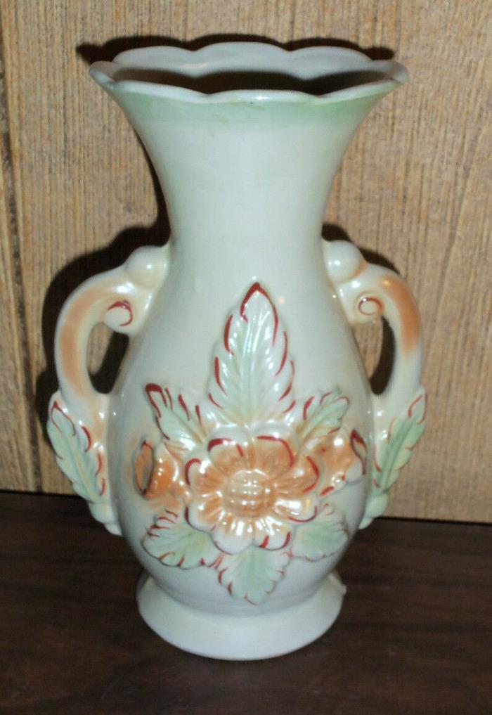 Vintage Lustre Vase - Made in Brazil - Raised Floral  Double Handle