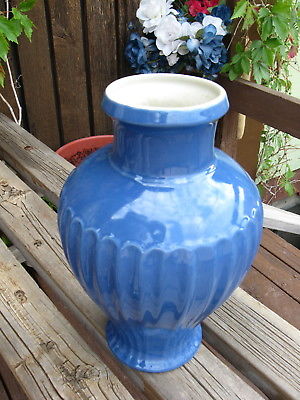 COORS VASE glass shiny glaze 12” tall Periwinkle BLUE ribbed big vintage pottery