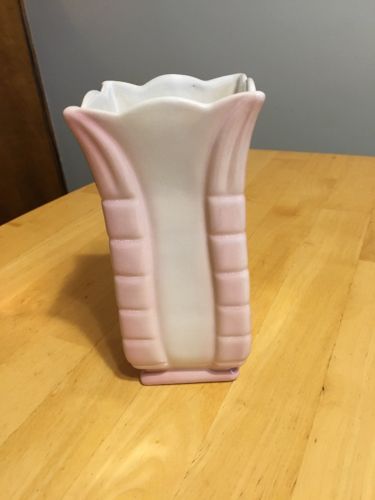 ROSEMEADE NORTH DAKOTA POTTERY SQUARE VASE 7 1/2” TALL, WHITE SHADED WITH PINK