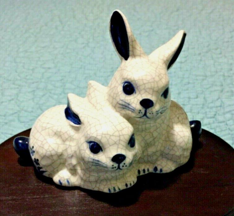 Potting Shed Dedham White Blue Crackle Sitting  Bunny Rabbit Pottery Figurine