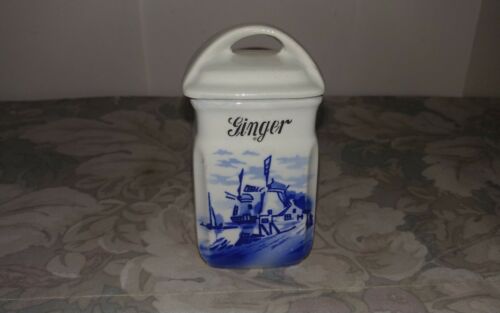Antique DEFLT German Porcelain Ginger Spice Jar/ Lid /Windmill/Sailboat Design