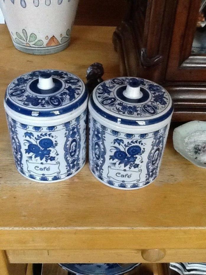 2 VINTAGE DELFT BLAUW HOLLAND 5 in. COVERED COFFEE CANISTER