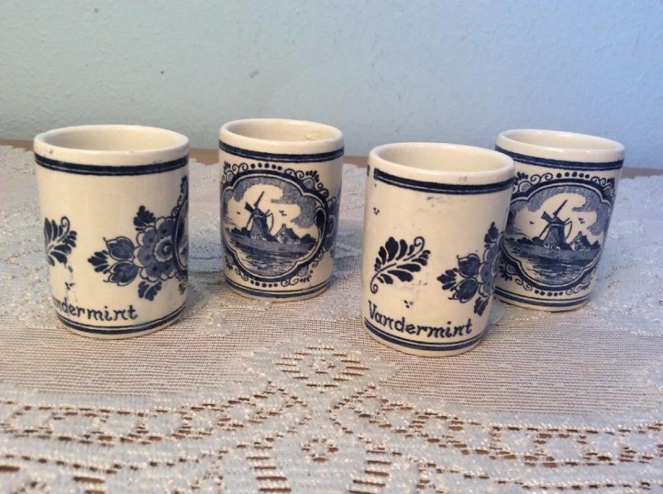 4 Vintage Delft Hand Painted Vandermint Shotglass Ceramic Toothpick Holder