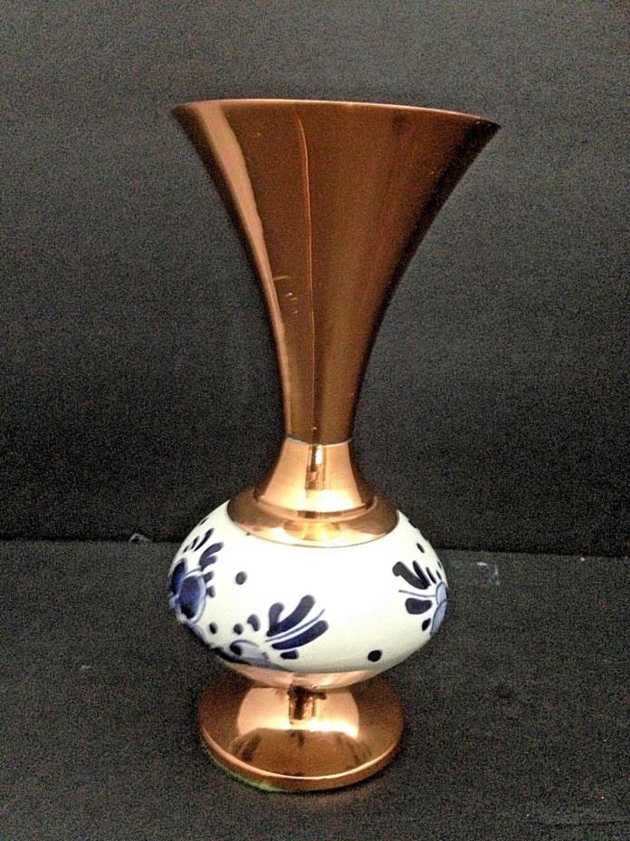VINTAGE HANDMADE COPPER AND CERAMIC VASE HAND PAINTED DELFT BLUE STYLE 6