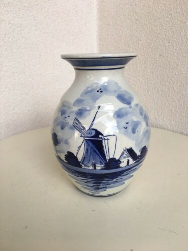 Vintage Blue White Delft Vase Windmill Theme 7” X 7” Holland