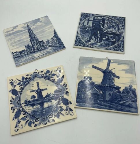 Lot of 4 Vintage Delft Blauw Hand Painted Scenic Square Blue Tile Wall Plaque