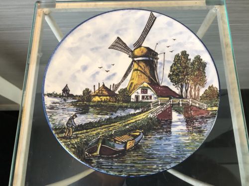 Vintage Delft Polychrome Hand Painted And Signed With Windmill And Boat Motif