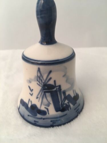 Vintage Delft Blue Small Handbell (Bell) Holland Windmill w/Birds, Porcelain