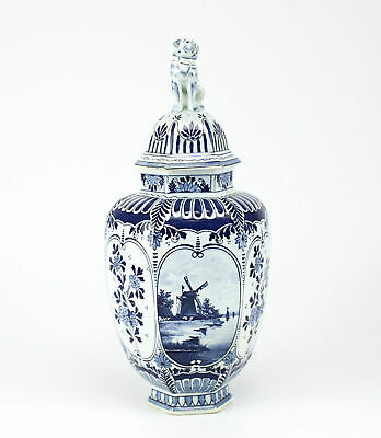 Royal Sphinx Delft Hand Painted Pottery Urn; Windmill, Cat Finial; 19th Century