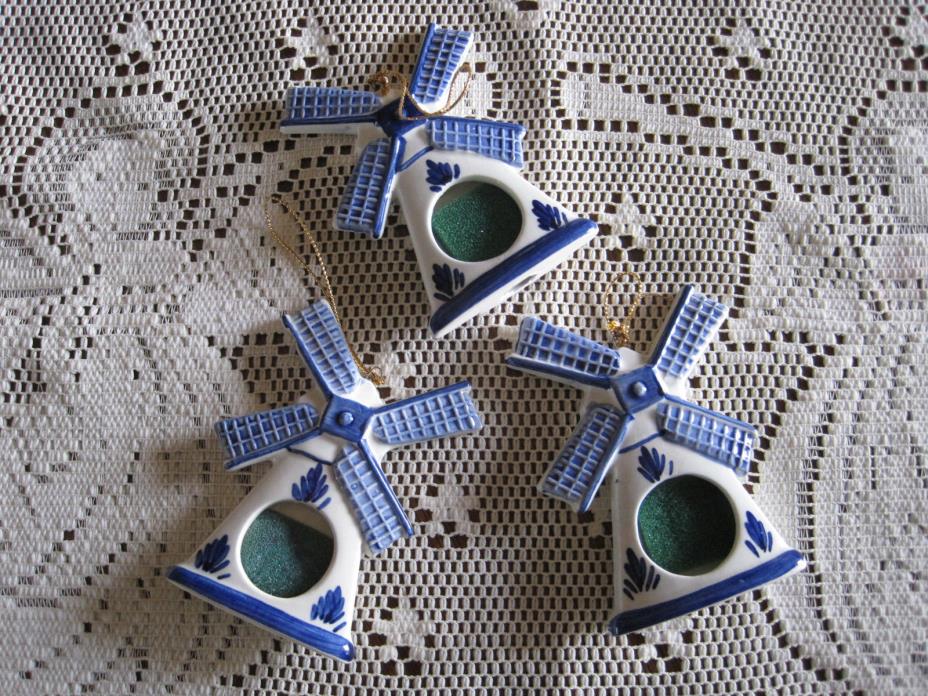 3 Hand Painted Delft Blue Dutch Windmills Hanging Photo Holders 
