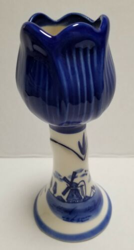 Delph Tulip Handpainted Candle Holder Blue White Windmill Flowers