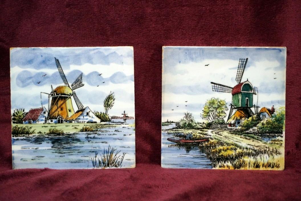 Vintage 2 Dutch Delft Windmill Multicolored Ceramic Tiles Holland