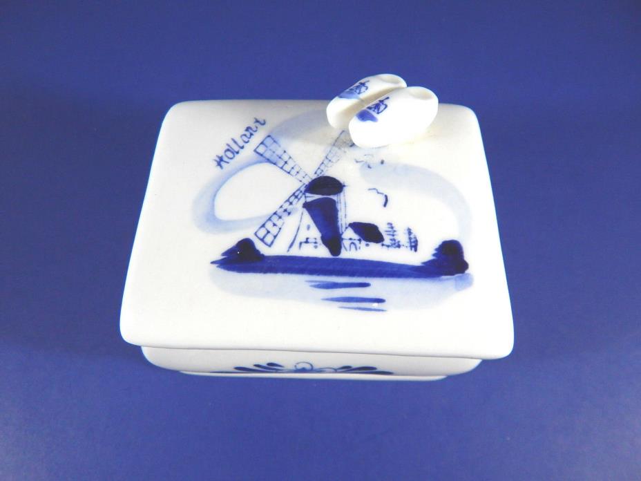 Vintage Delft Blue Handpainted Trinket Box With Lid and Dutch Shoes Signed E H