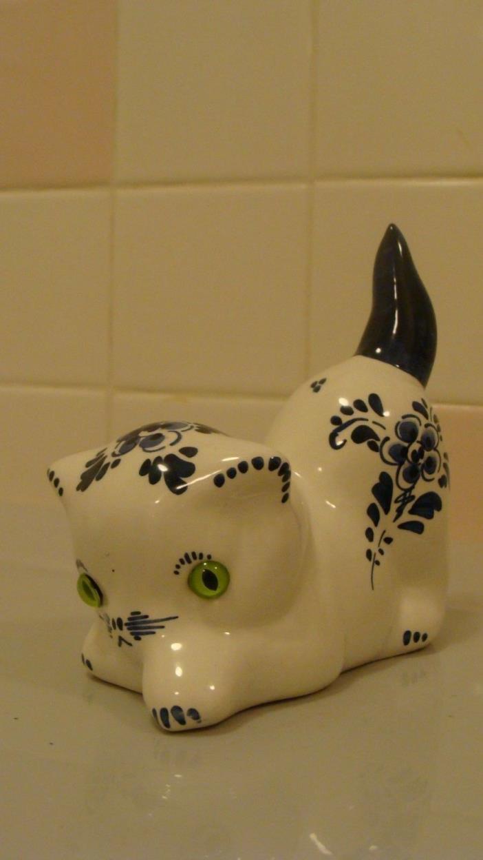 Vintage DELFTS Holland Hand Painted Pottery Blue White Cat With Green Glass Eyes