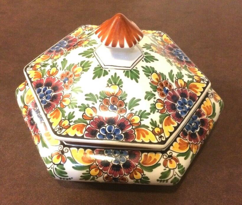 Dutch Delft Polychrome Five Sided Vegetable Dish With Cover Signed #1081