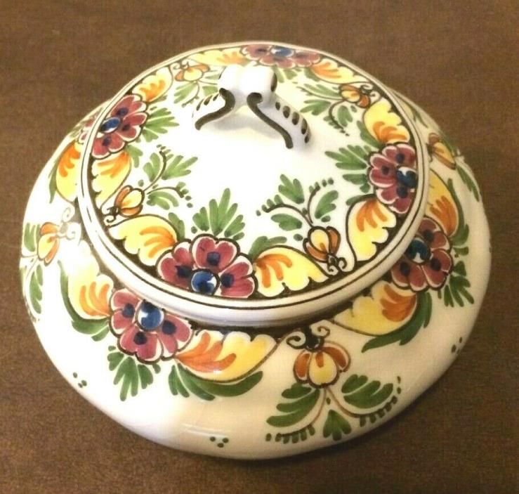 Dutch Delft Polychrome Trinket Dresser Dish Sugar Bowl With Cover Signed #1026