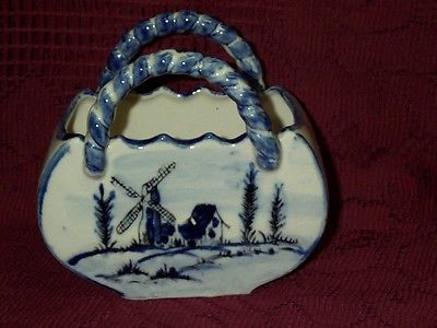 Vintage Delft Blue Windmill Basket Planter Porcelain 4 3/4