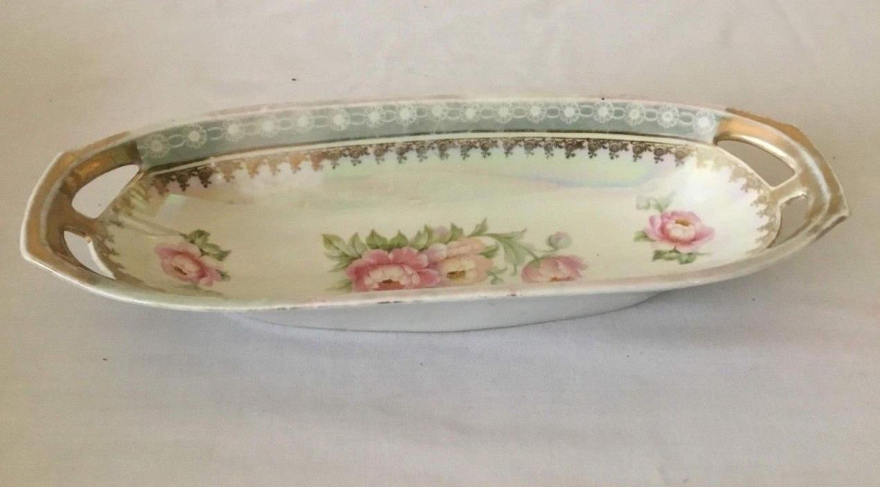 Vintage Rainbow Floral Rose Pattern Decorative Dish With Handles Marked Germany