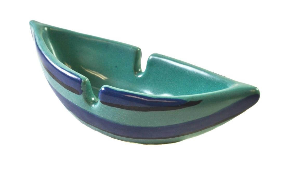 Mid Century Raymor signed Italian Ceramic Gondola Ashtray, Blue & Green Stripes