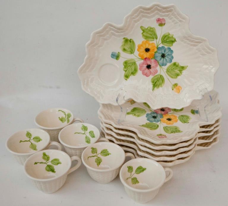 VTG SET of 6 Hand Painted Floral Scallop Edge Italy Pottery Lunch Plates & Cups