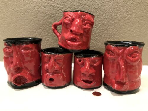 VTG Ceramic Stoneware Folk Art Ugly Face Red Glaze Coffee Mug LOT Signed VP/VO?