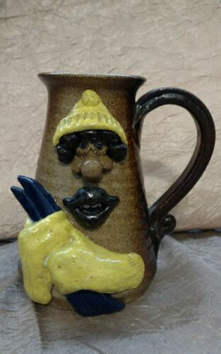 Vintage  Pottery Funny Face Skier Folk Art Coffee Tea Mug Cup Stoneware