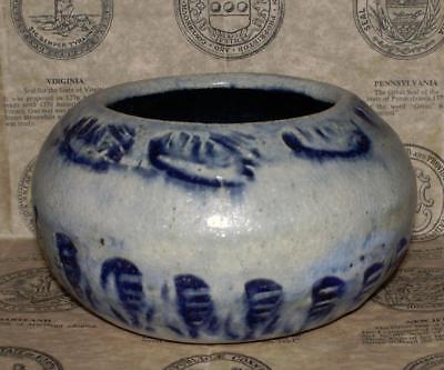 Primitive Art Pottery Folk Art Bowl Blue/Gray Glaze with Cobalt Blue Design