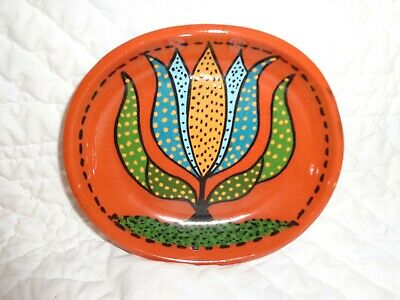 Very Colorful James Seagreaves Glazed Redware Pottery Tulip Decorated Plate