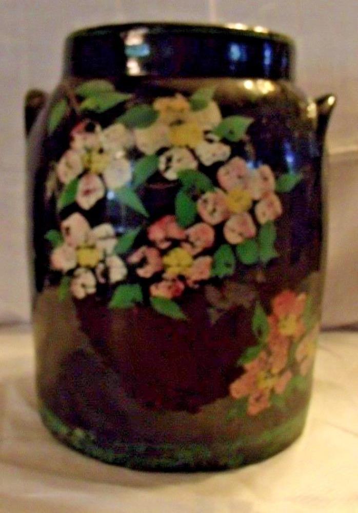 ANTIQUE PRIMITIVE BLACK CROCK W/HAND PAINTED FOLK ART FLOWERS