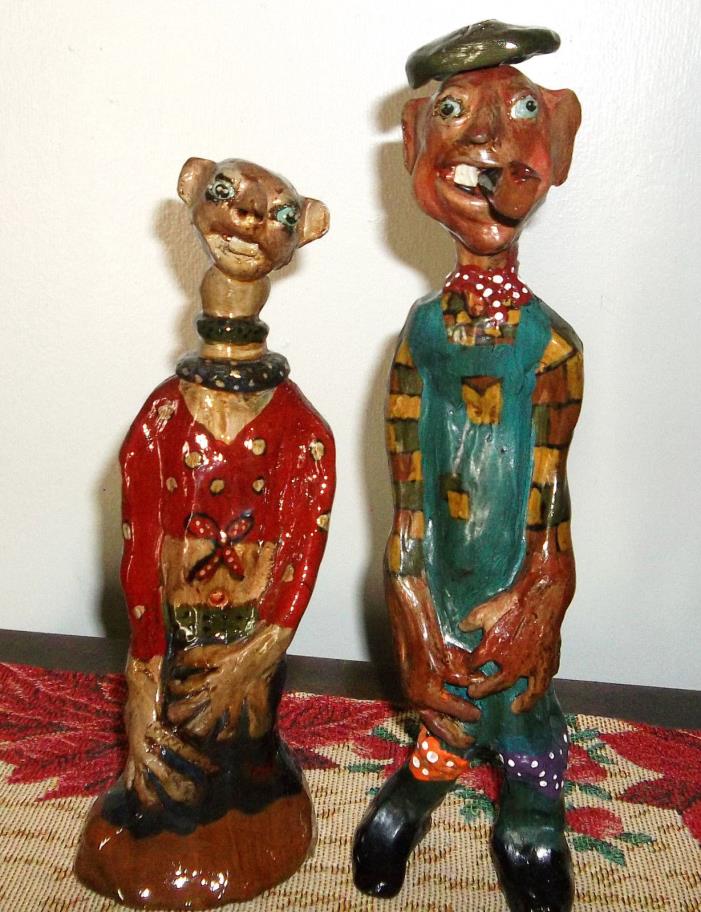Southern Pottery Face Jug/Figurines -  signed - Decorative Folk Art  Pair/Set