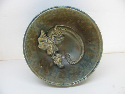 Frog Skin Pottery Bowl with Dragon Figure in the Bottom signed Faver 88