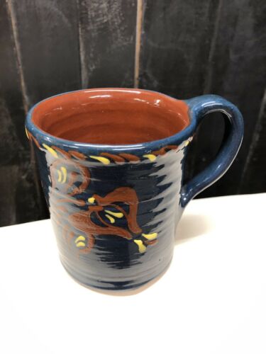 Ned Foltz Redware Pottery Decorated Butterfly Flowers Coffee Mug / Cup / Signed