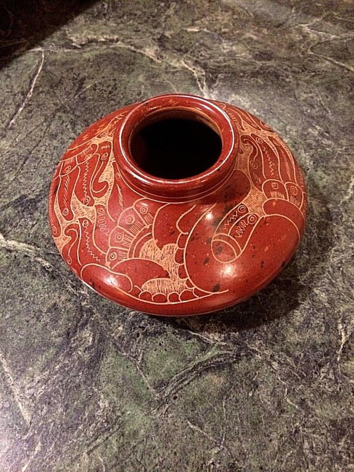 Etched Red Clay Folk Art  Pottery vase