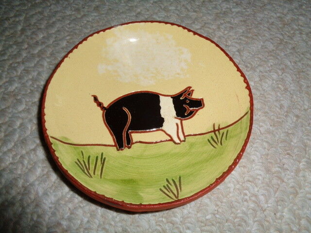 Redware small dish pig standing on green grass Long Family pottery signed 1987 y