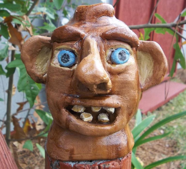 Southern Pottery Face Jug-hand dug clay-rock teeth-signed-Decorative Folk Art