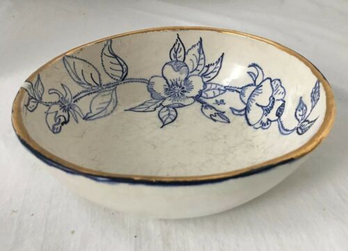 D Beall Pottery Bowl Blue And White Flowers Gold Trim Primitive Hand Thrown