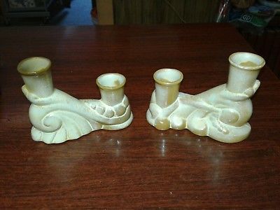 2 VINTAGE FRANKOMA POTTERY CANDLESTICK HOLDERS - BLOCK LETTERS - PRESSED MARK