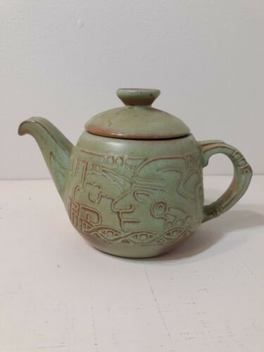 Vintage Praire Green Frankoma 7T Pottery Large Tea Pot  with  Lid Mayan Aztec
