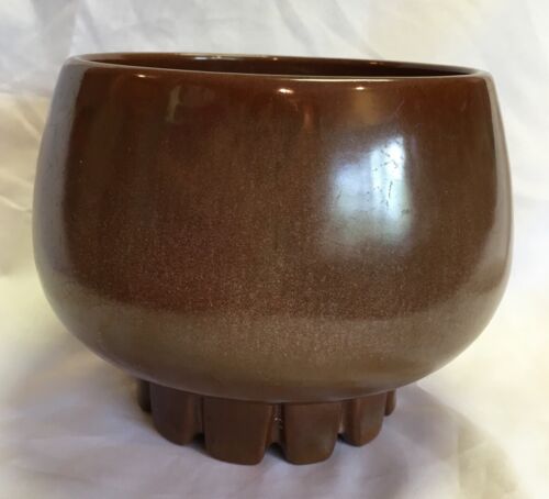 Vintage Frankoma Pottery  Brown Satin Footed Vase Bowl Planter Wagon Wheel Base