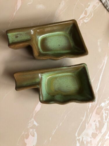 2 Frankoma Pottery green ashtray State of Oklahoma Shape 461