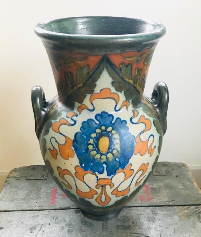 Vintage Large Holland Gouda Pottery Signed Kelat Two-Handled Vase Floral Design