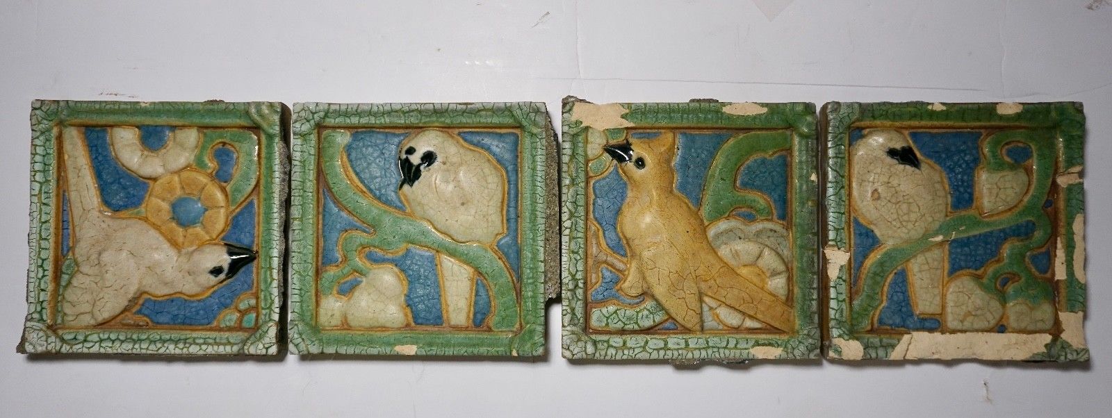 Grueby Faience RARE Set of Bird Tiles (4)  Ceramic Pottery Raised Impression