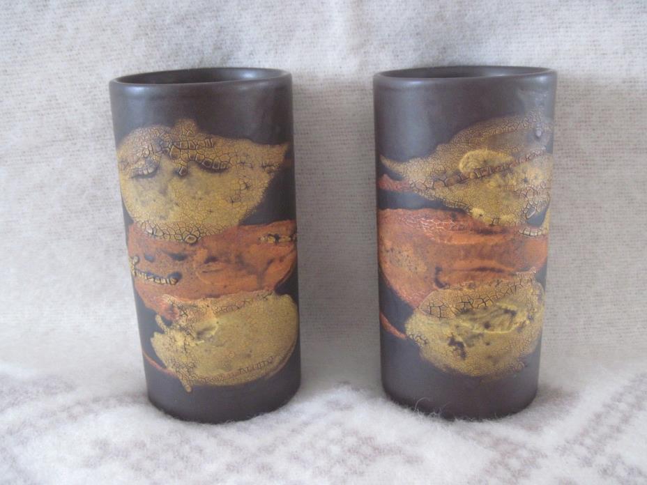 PAIR OF ROYAL HAEGER MID CENTURY MODERN LAVA EARTH WRAP BROWN YELLOW VASES 7