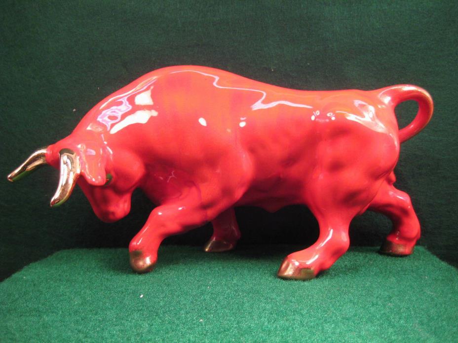 Vintage Large Fiery glazed Red Ceramic Bull Statue, Gold Eyes, Horns, Hooves