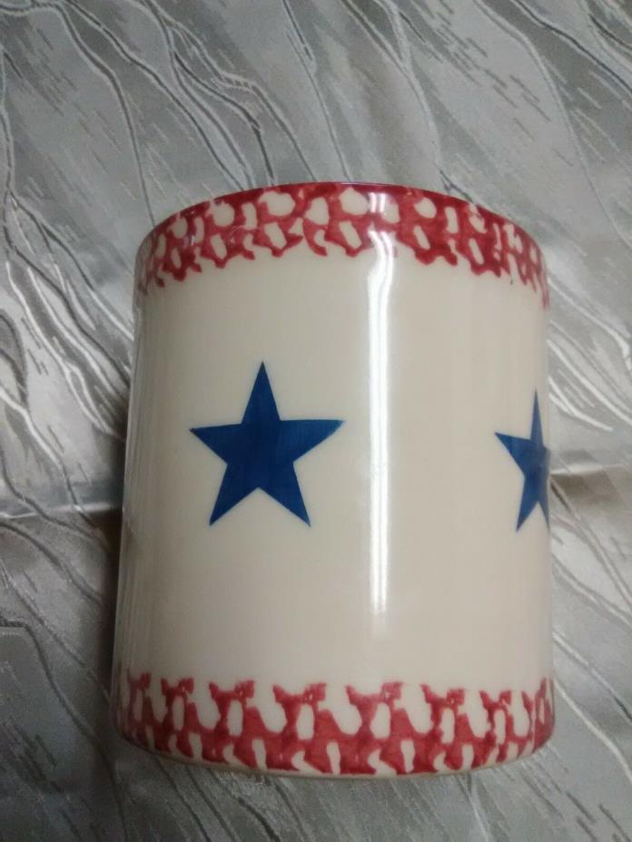 Henn Pottery crock utensil holder etc red spongeware with star 4 1/2