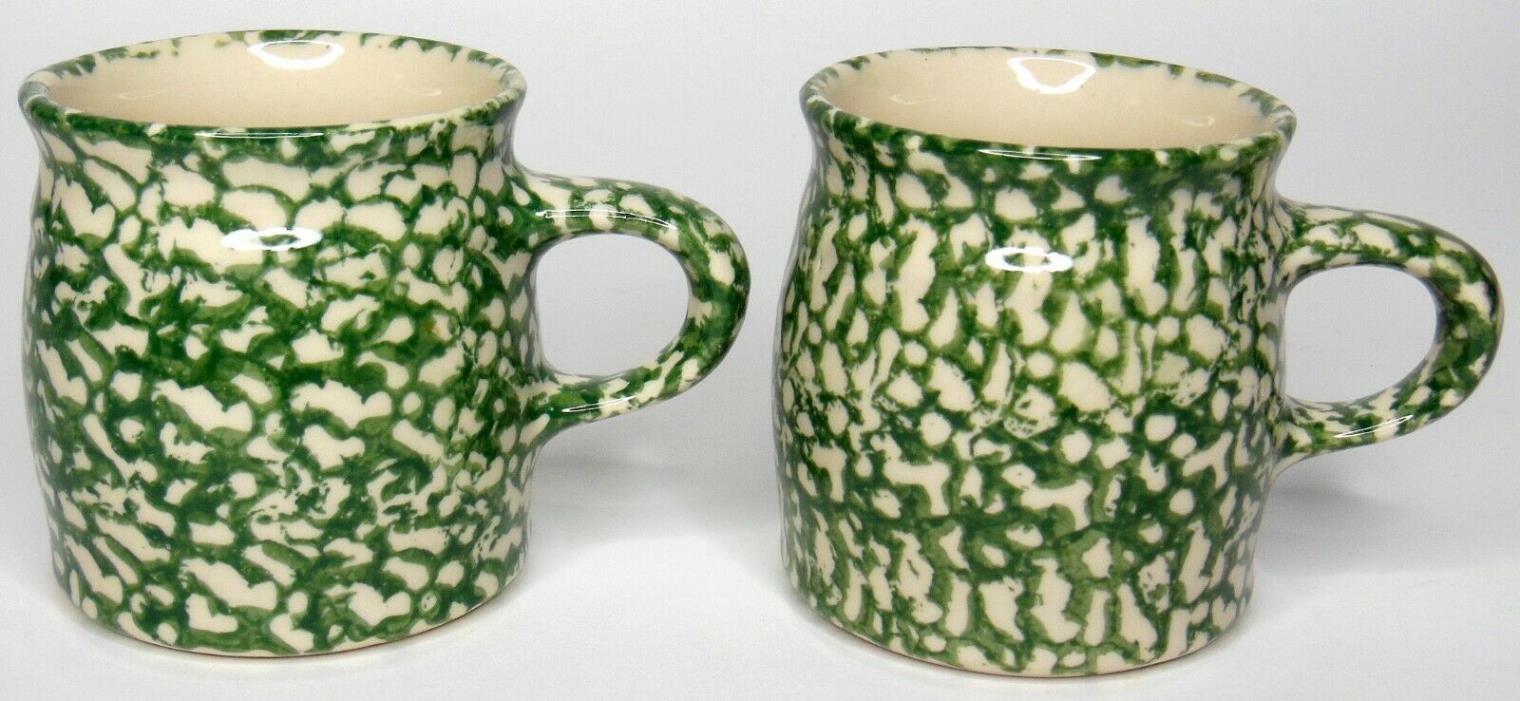 Set Of 2 Roseville Spongeware Workshops Gerald Henn Green Pottery Coffee Tea Mug