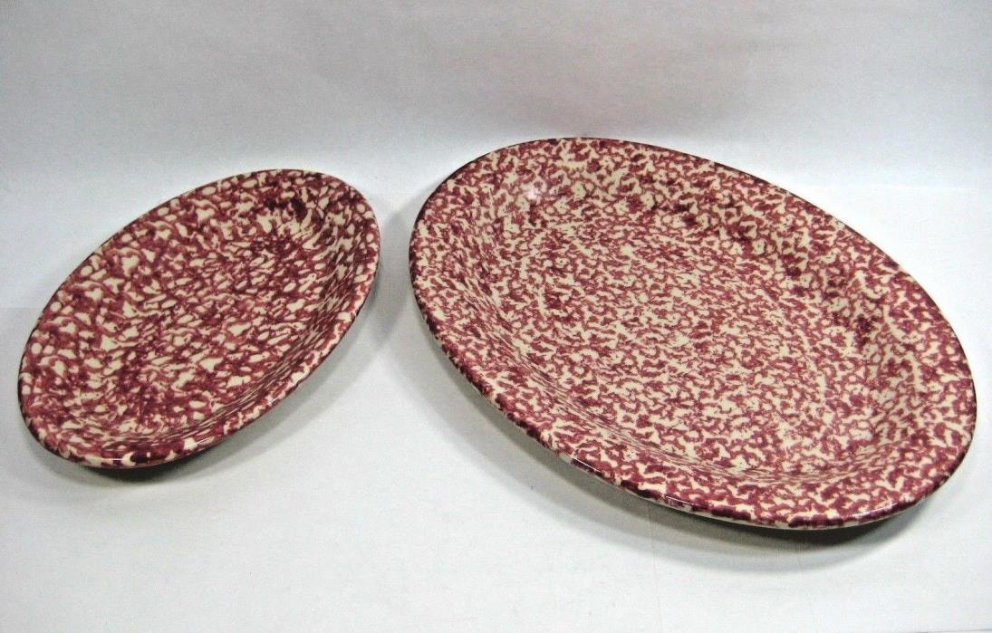 Gerald E Henn Rose Red Spongeware Rare Large Medium Oval Platters Dish 10